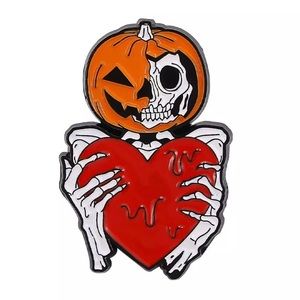 6/$30 Smashed Pumpkin Skeleton With Bloody Heart Enamel Pin